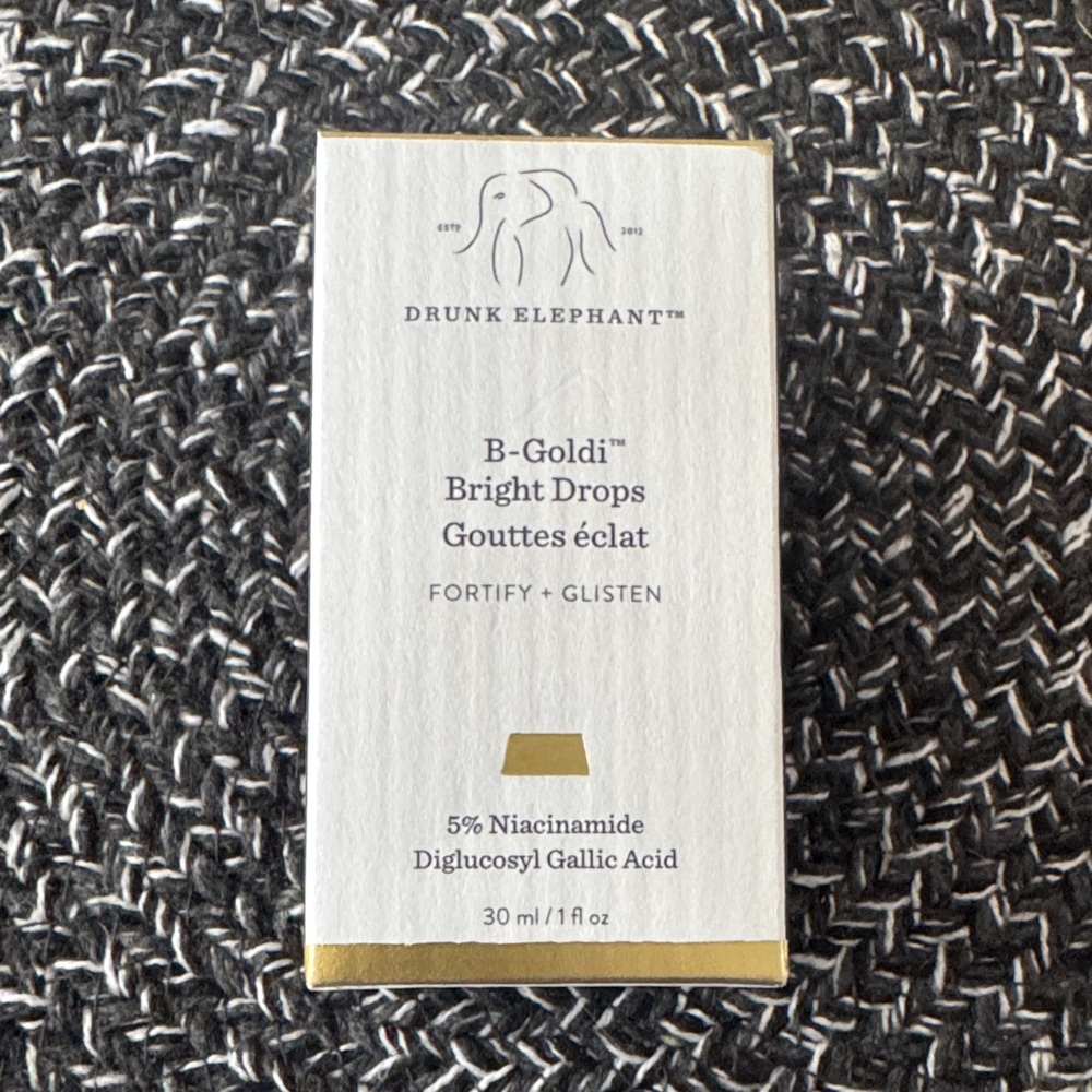 Drunk Elephant White and Gold B-Goldi Bright Drops Box